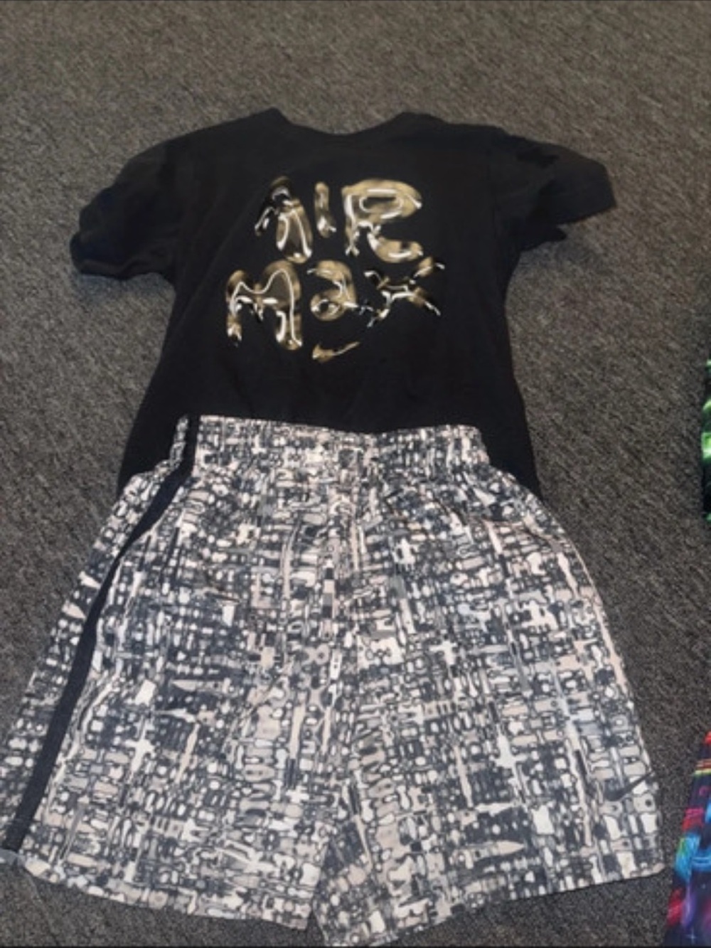 Nike Black Graphic Tee with Gold Accent + Black & White Patterned Shorts
